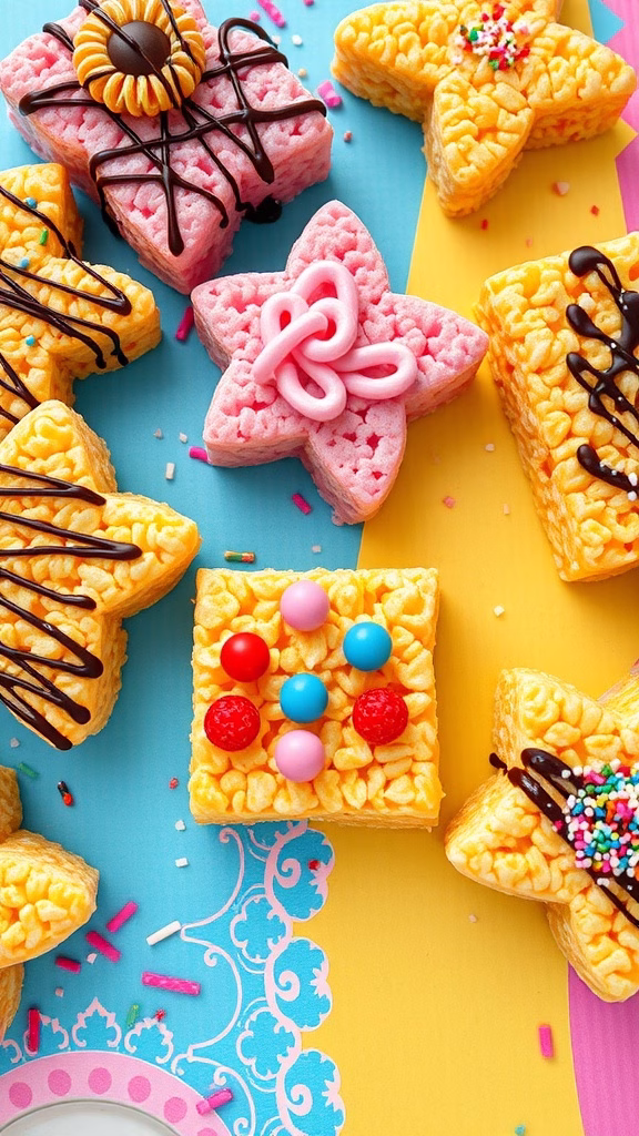 Colorful and creatively decorated Rice Krispie treats in star and square shapes