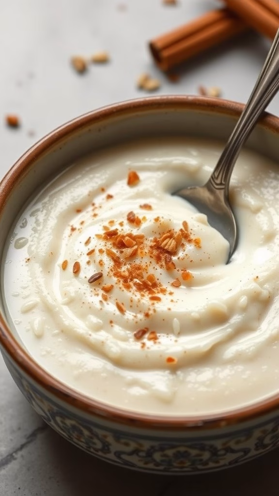 A bowl of creamy rice pudding garnished with cinnamon and nuts.