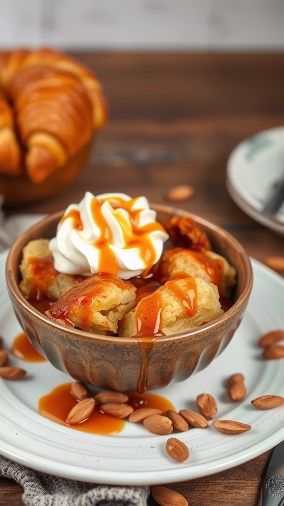 Bowl of rich almond croissant bread pudding topped with whipped cream and caramel sauce, surrounded by almonds.