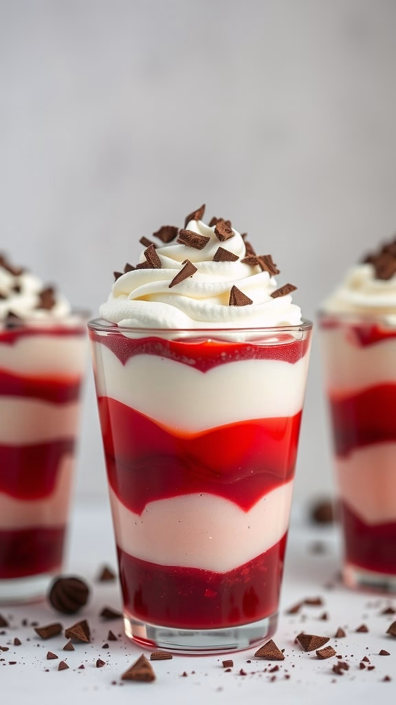 Romantic Red Velvet Jello Parfaits in cups with whipped cream and chocolate shavings on top.