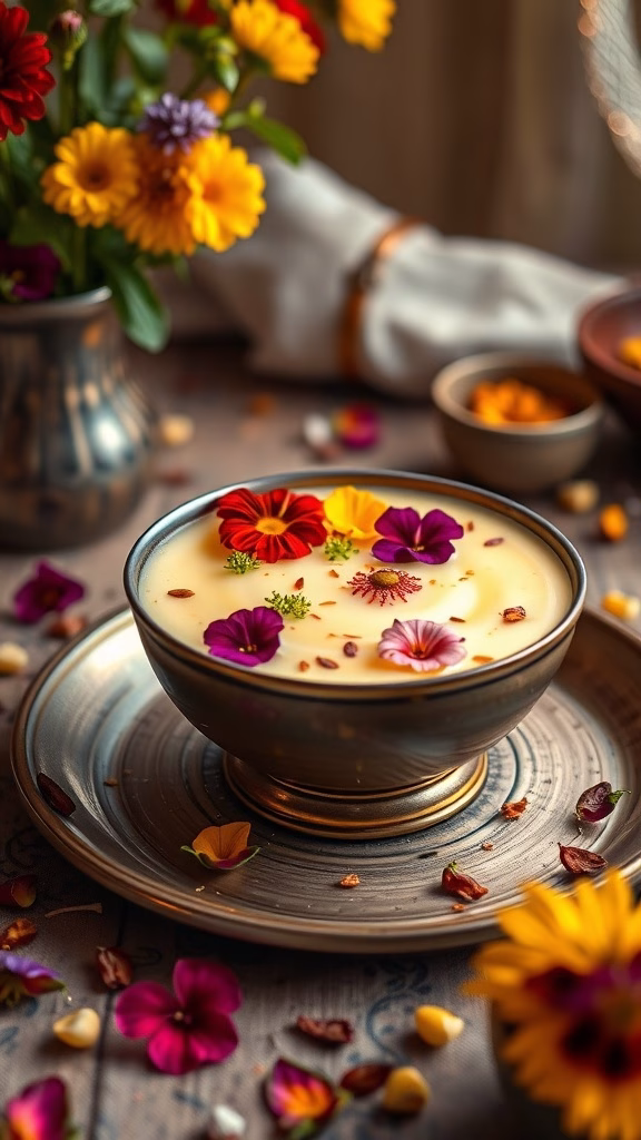 A bowl of saffron and pistachio kheer, garnished with colorful edible flowers and served on a decorative plate.