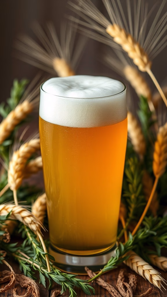 A glass of Saison beer with a foamy head, surrounded by wheat and greenery