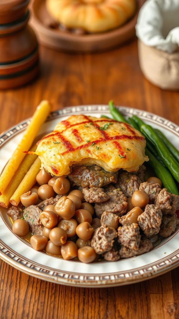 A plate of Salisbury steak pudding served with green beans and mushrooms.