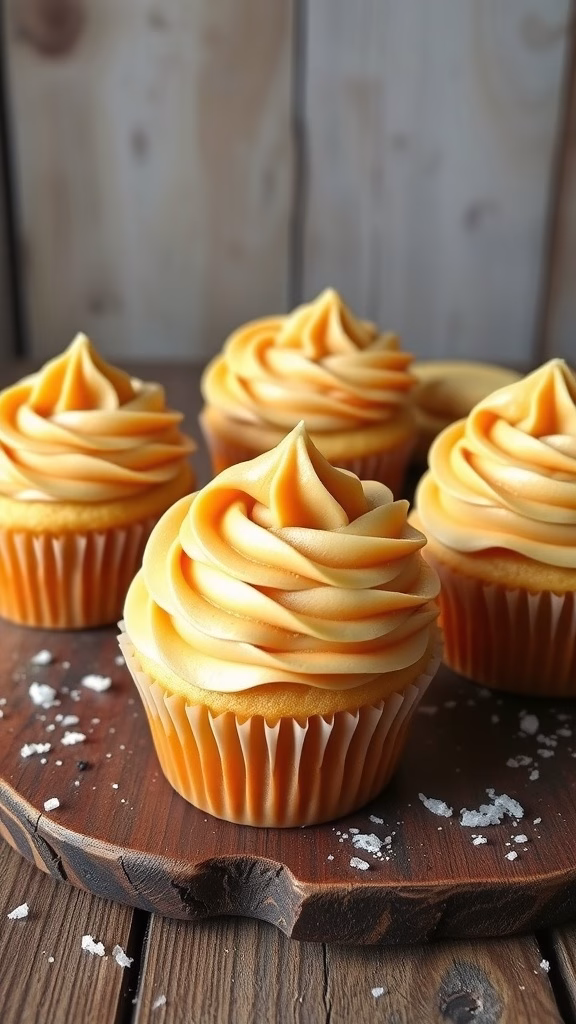 Salted caramel vanilla cupcakes with creamy frosting and a sprinkle of sea salt on a wooden plate.