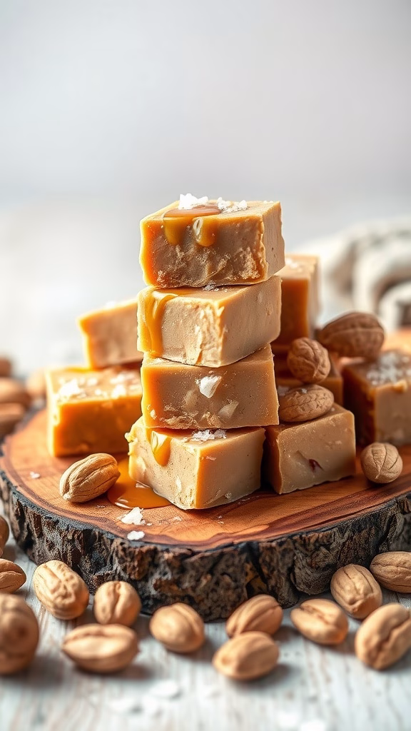 Delicious salted honey peanut butter fudge stacked on a wooden platter with almonds.