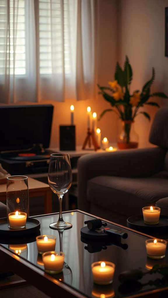 Cozy living room with candlelight, wine glasses, and soft decor