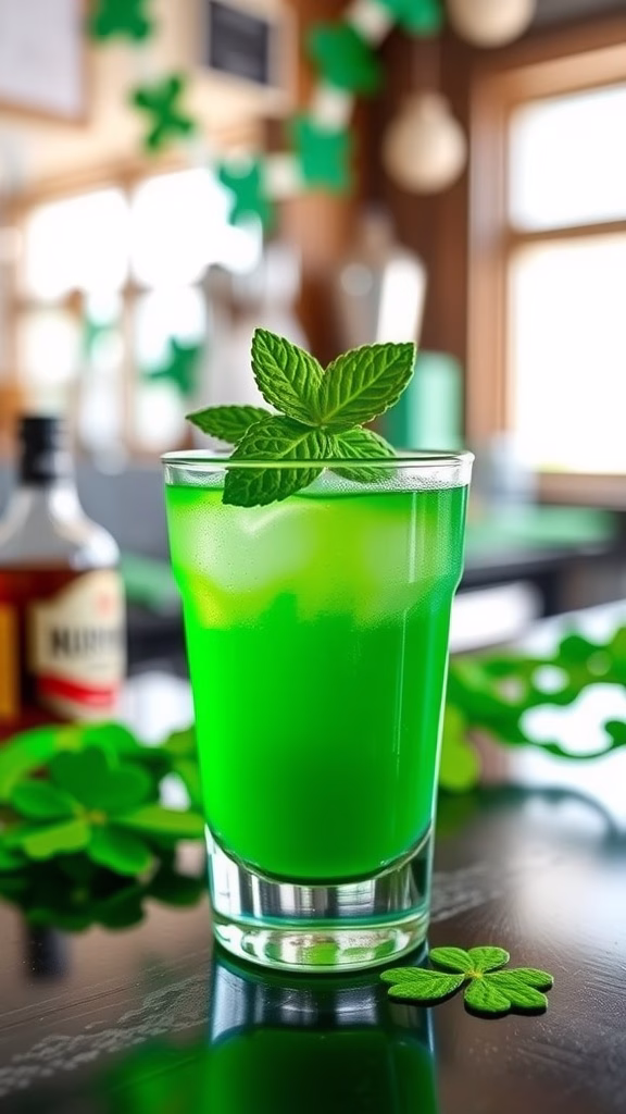 A vibrant green Shamrock Sour Shot garnished with mint leaves.