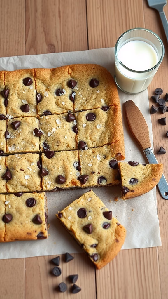 Delicious sheet pan chocolate chip cookie bars served with a glass of milk.