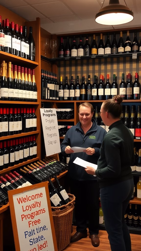 Two people discussing loyalty programs in a wine shop with a sign highlighting the benefits.