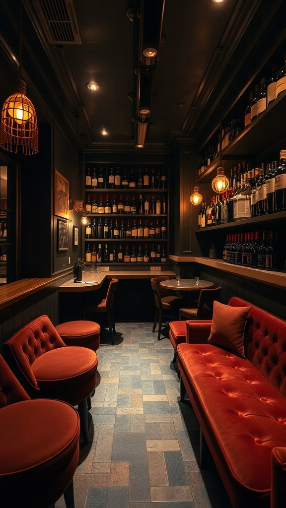A cozy speakeasy-style wine bar with velvet seating and soft lighting, showcasing a variety of wines on shelves.