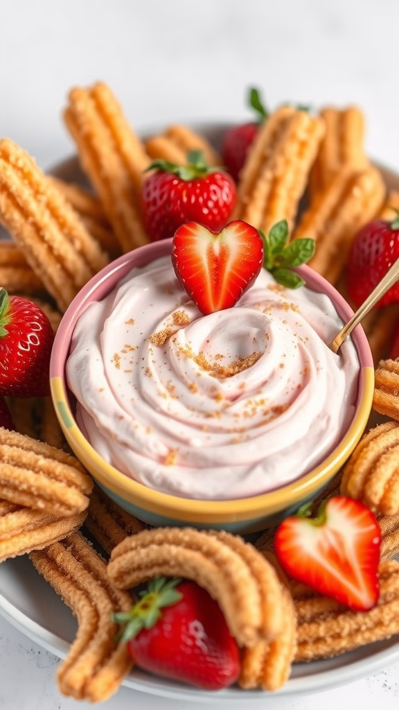 A bowl of strawberry cheesecake dip surrounded by churros and fresh strawberries.