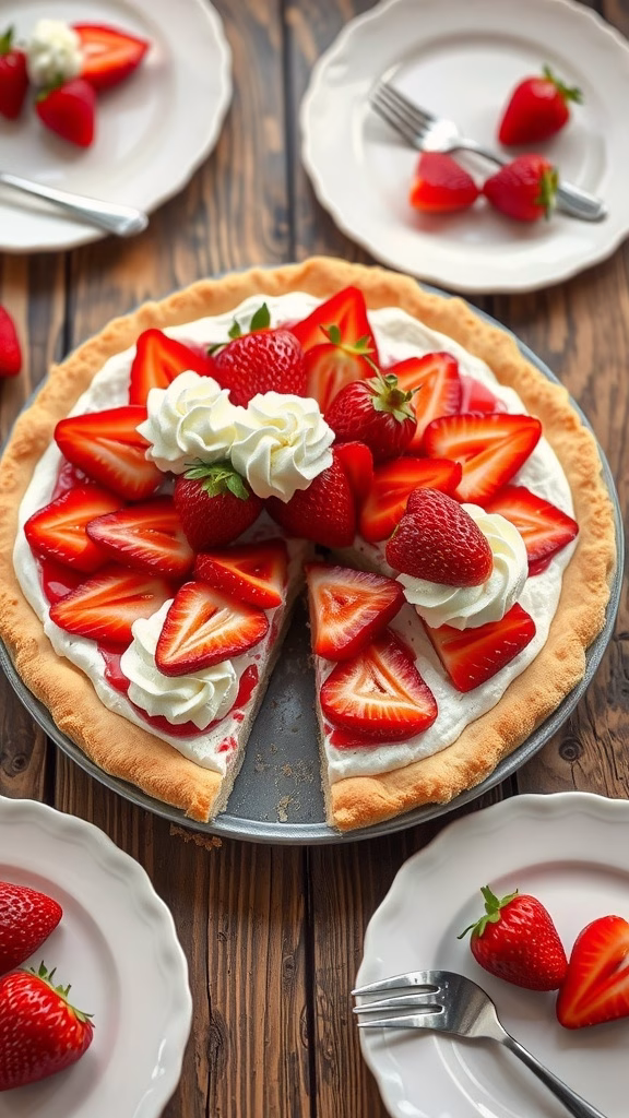 A slice of strawberry shortcake slab pie topped with fresh strawberries and whipped cream