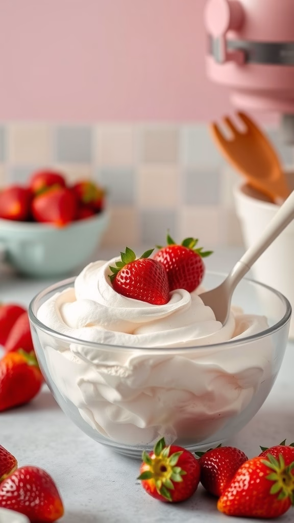 A bowl of fluffy strawberry whipped frosting topped with fresh strawberries.