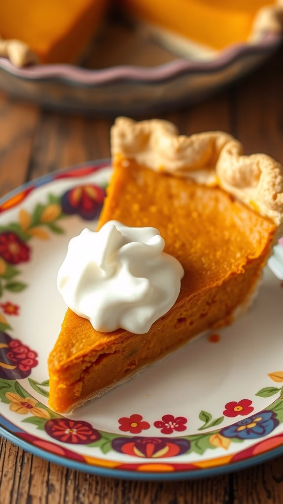 Slice of sweet potato pie topped with whipped cream on a floral plate.