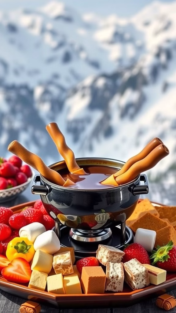 A delicious Swiss chocolate fondue with various dippables like strawberries, marshmallows, and cookies.