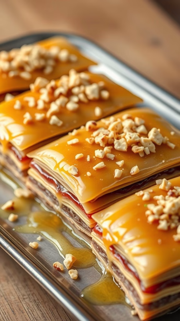 A tray of beautifully layered baklava drizzled with syrup and topped with crunchy nuts.