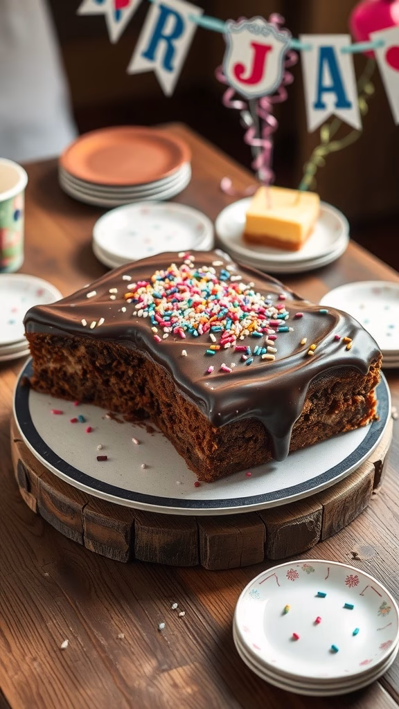 Texas Sheet Cake topped with chocolate frosting and colorful sprinkles