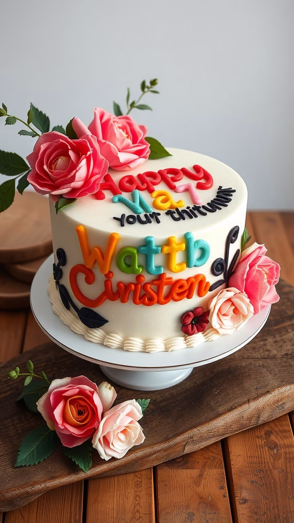 A cake decorated with the text 'Happy' and 'Wattb' in colorful letters, surrounded by pink roses on a wooden table.