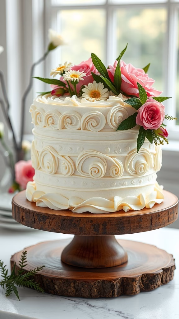 A beautifully decorated textured buttercream cake with swirls and fresh flowers on top.