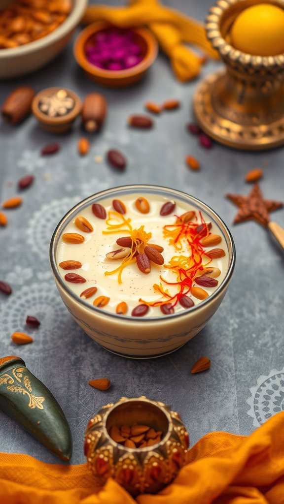 A bowl of Thandai Kheer garnished with nuts and saffron, set against a festive backdrop.