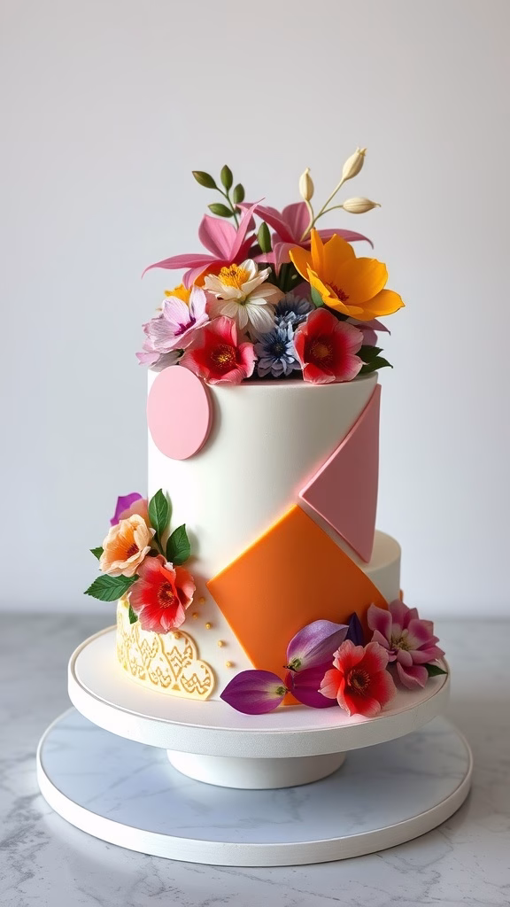 A beautifully decorated cake topped with vibrant flowers and geometric shapes.