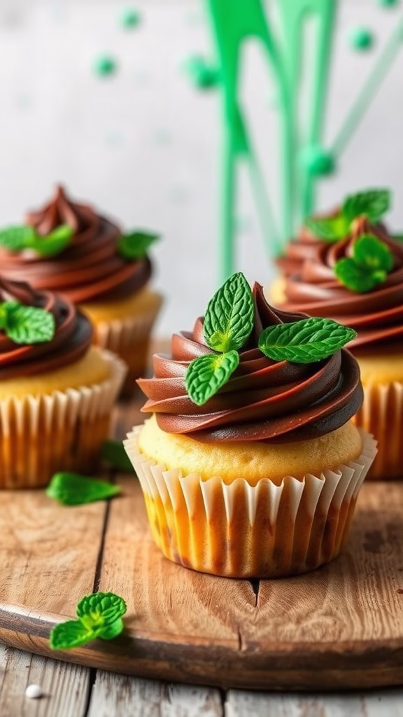 Delicious thin mint cupcakes with chocolate frosting and mint leaves