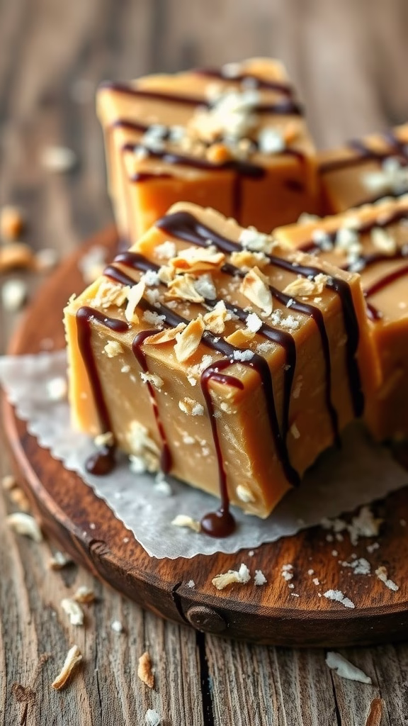 Delicious toasted coconut caramel fudge squares drizzled with chocolate.