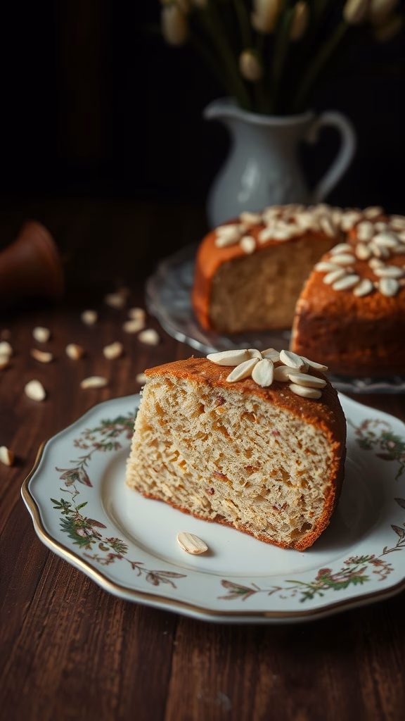 Slice of Toucinho do Céu, a Portuguese almond cake, served on a decorative plate with slivered almonds on top.