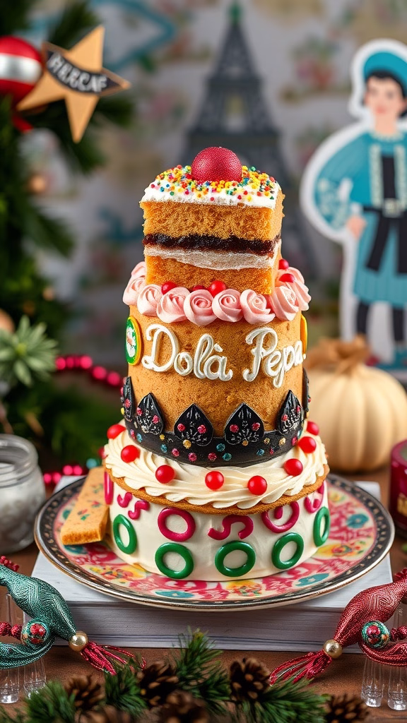 A decorated Turrón de Doña Pepa dessert showcasing layers and colorful toppings.