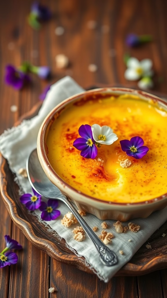 A bowl of ube halaya crème brûlée garnished with edible flowers and a spoon.