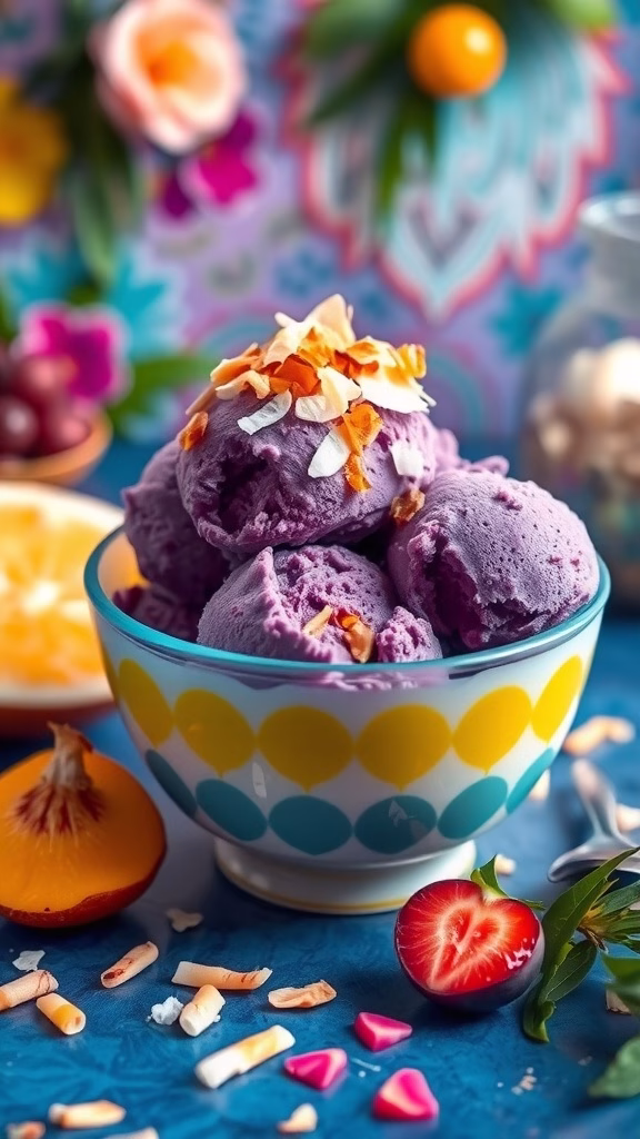 A bowl of vibrant purple ube ice cream topped with coconut flakes and surrounded by colorful fruits and decorative elements.