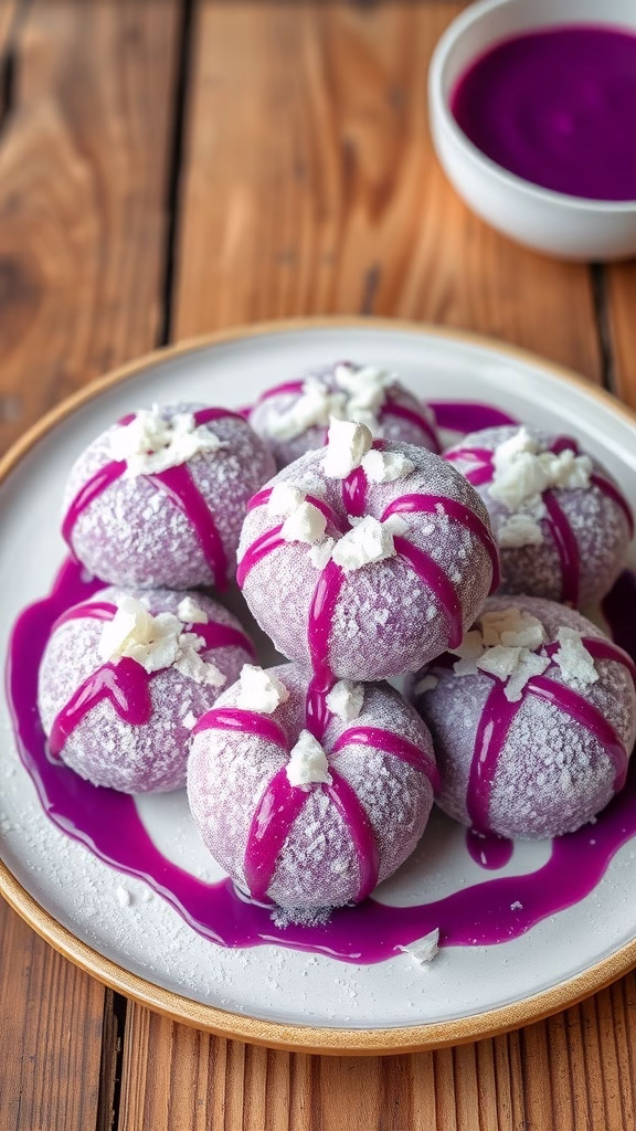 Delicious ube mochi donuts topped with coconut and drizzled with ube sauce on a wooden table.