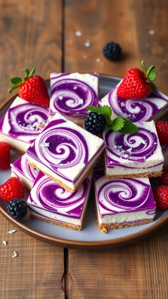 Delicious ube swirl cheesecake bars with purple and white swirls, garnished with fresh berries and mint.