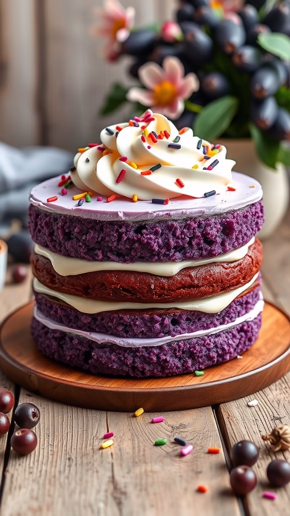 A vibrant three-layer ube tres leches cake decorated with whipped cream and colorful sprinkles.