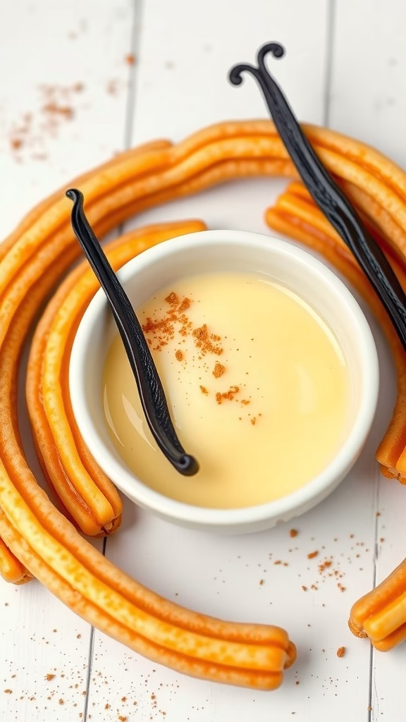 A bowl of vanilla bean custard surrounded by churros
