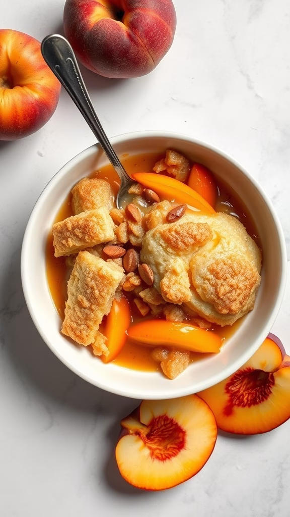 A bowl of vegan peach cobbler with peaches on the side