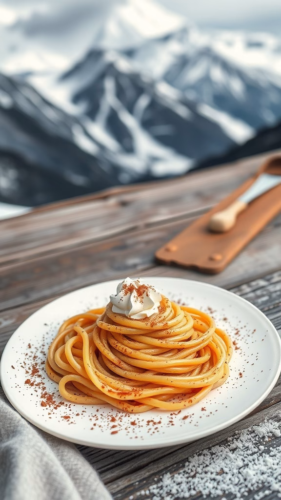 Vermicelles, a Swiss chestnut dessert, elegantly piped and garnished with whipped cream.
