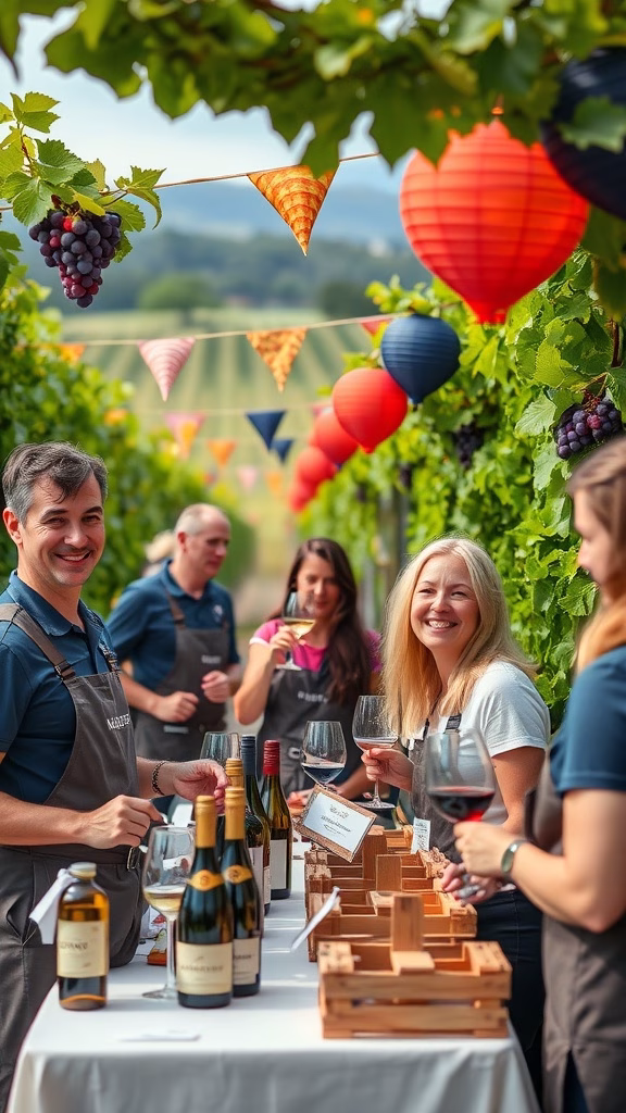 A lively wine festival scene with people enjoying wine tastings and vibrant decor.
