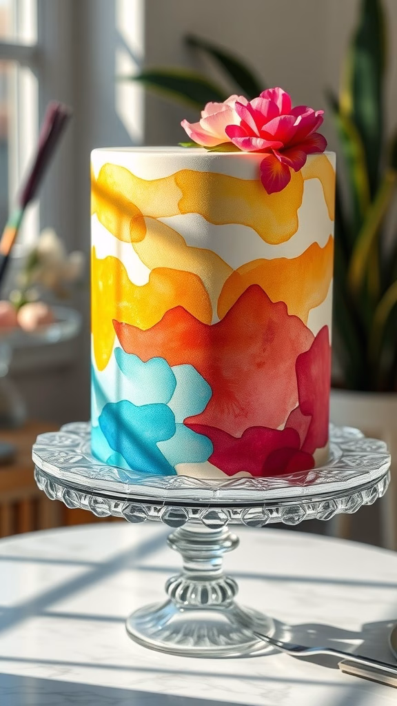 A beautifully decorated watercolor cake with vibrant colors and a flower on top.