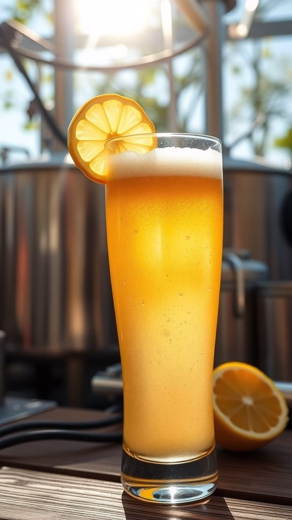 A glass of wheat beer with lemon slice on a wooden surface, showcasing the beer brewing process.