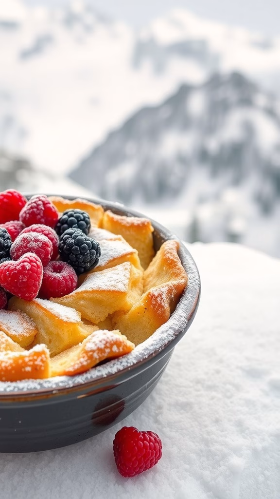 Zopf bread pudding topped with fresh berries and powdered sugar.