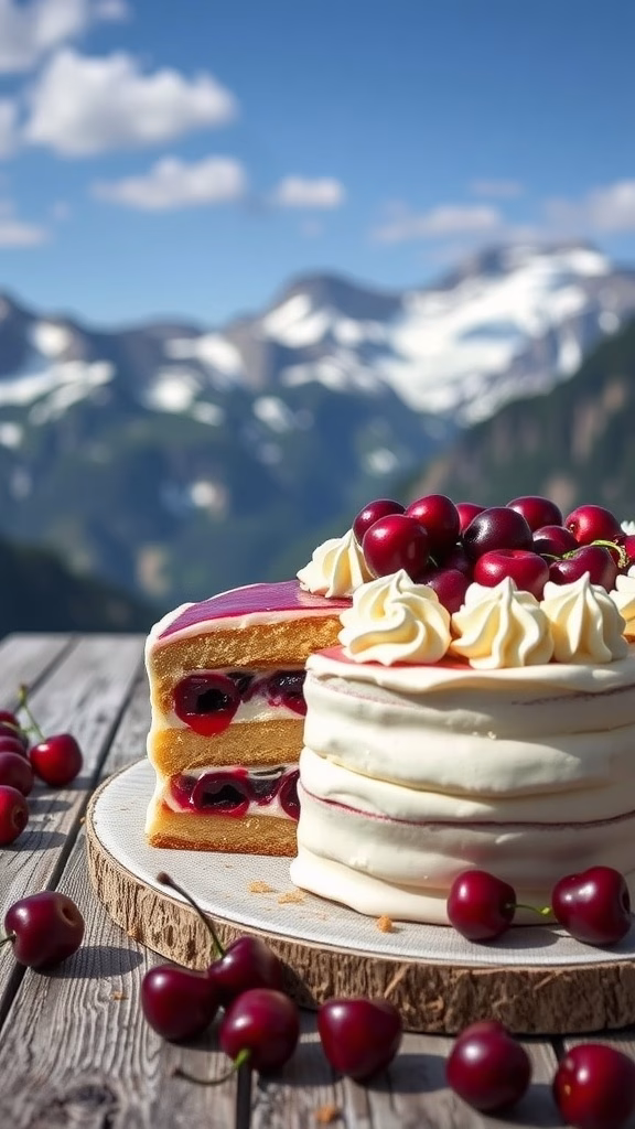 A beautifully layered Zuger Kirschtorte with cherries and cream