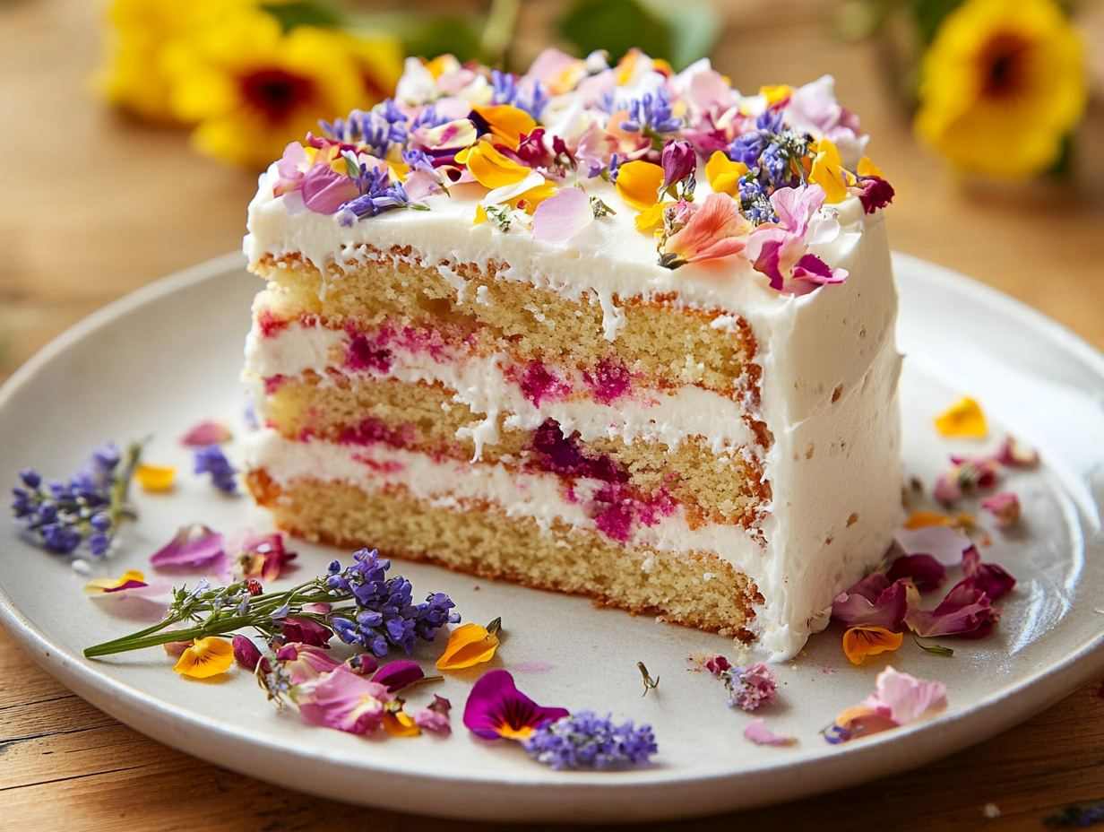 Confetti cake gets a natural makeover with this innovative floral version that incorporates real flower petals into the batter