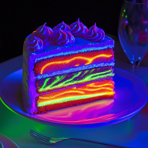 Neon Layer Cake - a multi-layer cake with alternating layers of different UV-reactive colors. When sliced under blacklight, each layer creates a striking glowing pattern.