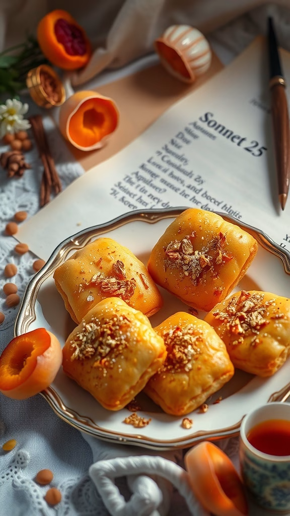 A plate of gilded saffron and apricot pastries next to a reading of Sonnet 25.