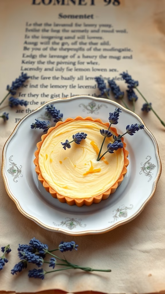 Lavender & Lemon Custard Tart with lavender flowers and a backdrop of Shakespeare's Sonnet 98.