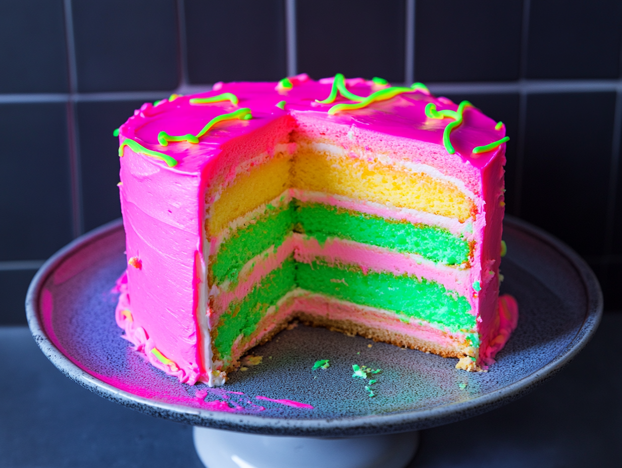 multi-layer cake with alternating layers of different UV-reactive colors