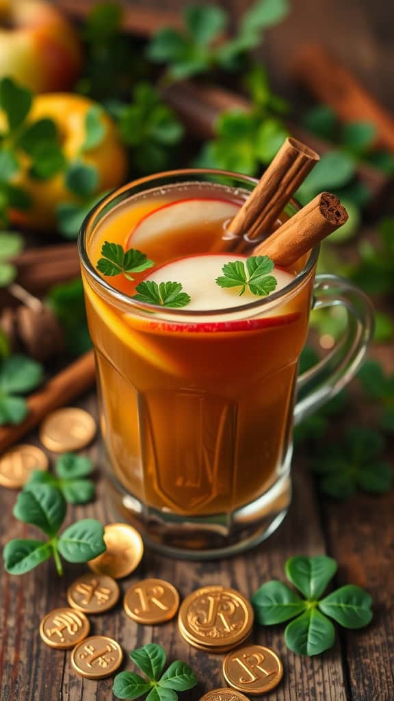 A glass of spiced apple Irish whiskey punch garnished with apple slices, mint leaves, and cinnamon sticks.