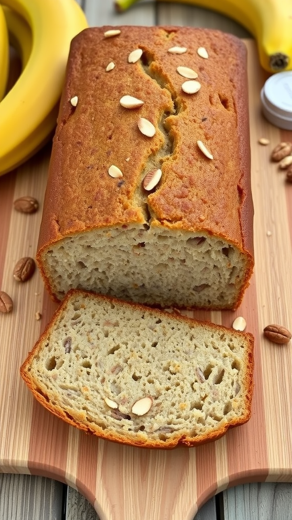 A loaf of almond flour banana bread with sliced pieces and banana in the background