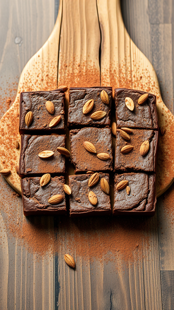 Delicious almond flour brownies topped with almonds, presented on a wooden board.